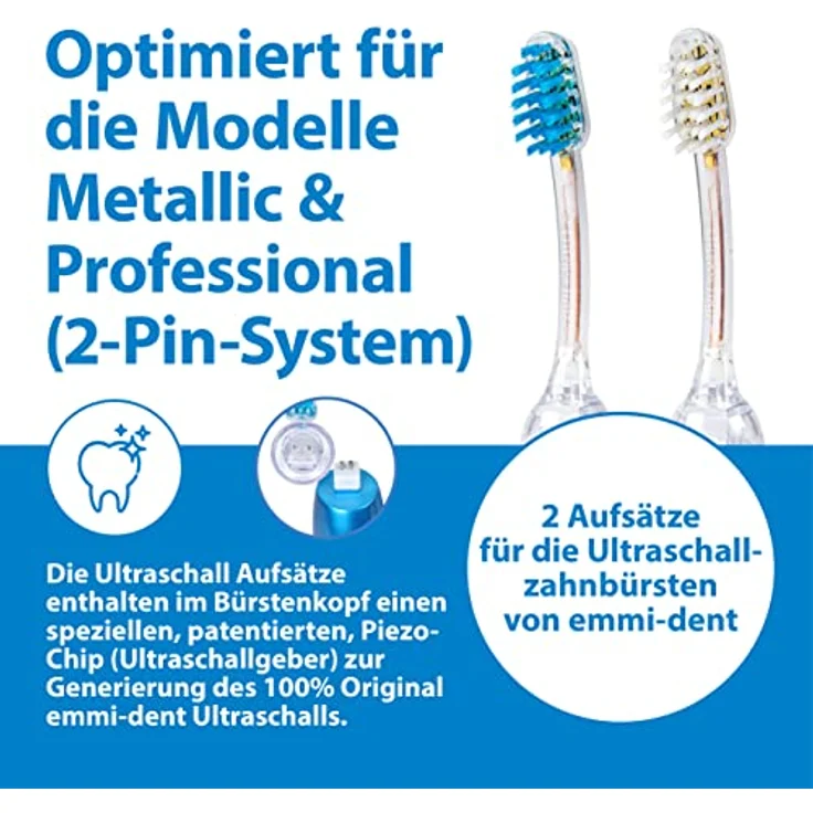Emmi-dent 2x Zahnbürstenaufsatz SB2 (1x Blau + 1x Weiß) | Ideal für Zahnspangenträger | Mit patentiertem Ultraschallchip | Für alle emmi-dent Ultraschallzahnbürsten der Metallic- & Professional-Serie – Bild 3