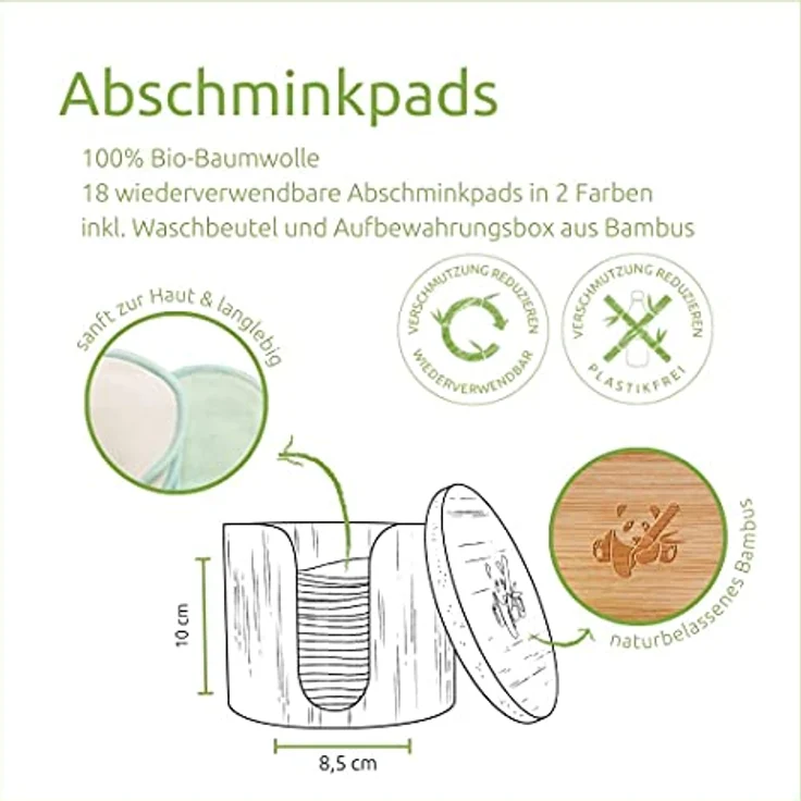 pandoo Abschminkschwamm 18 wiederverwendbare Abschminkpads, 9 Mintgrüne und 9 Naturweiße mit Mintgrünem Rand, inkl. Waschbeutel und Bambus Aufbewahrungsbox – Bild 2