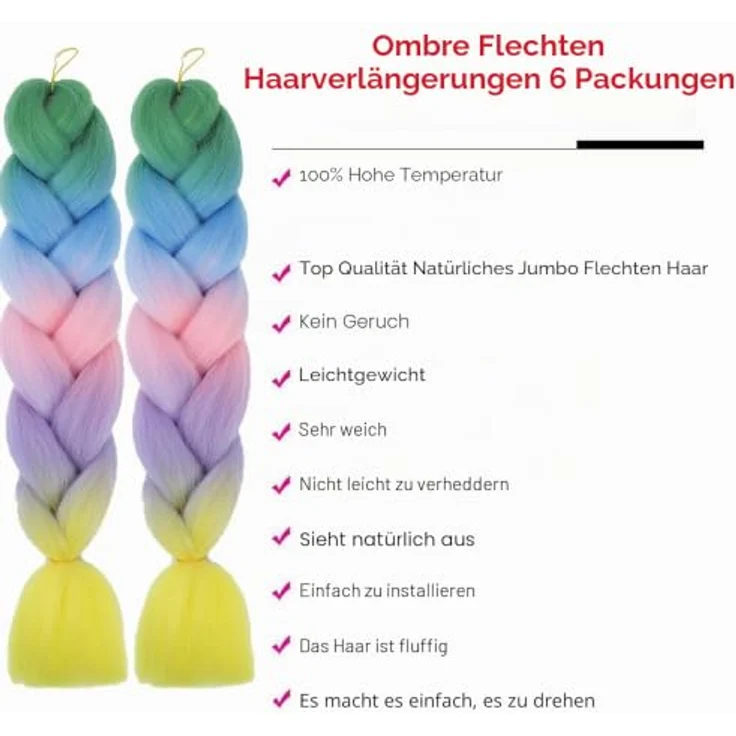 Shangxiu Rainbow Colors Zöpfe Haarverlängerungen, 24" (60cm) Yaki Textur mit 600g synthetischem Haar, 6 Stück pro Paket – Bild 2