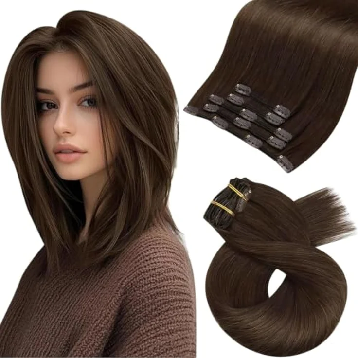 Moresoo Clip in Extensions Echthaar Dunkelbraun, Glattes 30 cm, 5 Stück, 80g – Bild 1