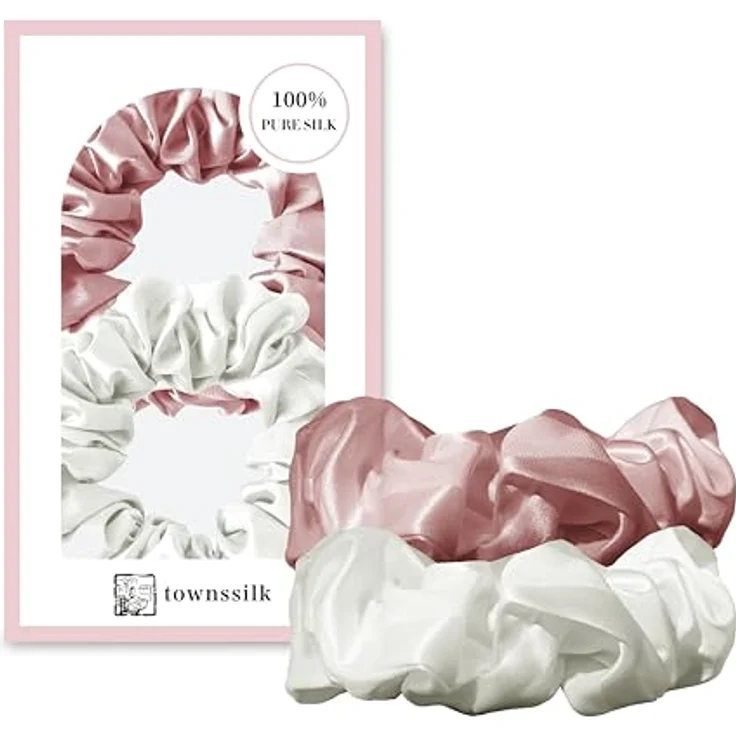 townssilk Seiden Scrunchie 2er-Set, 100% Maulbeerseide 6A/22 Momme, OEKO-TEX® zertifiziert, haarschonend & elastisch, Pink & White – Bild 1
