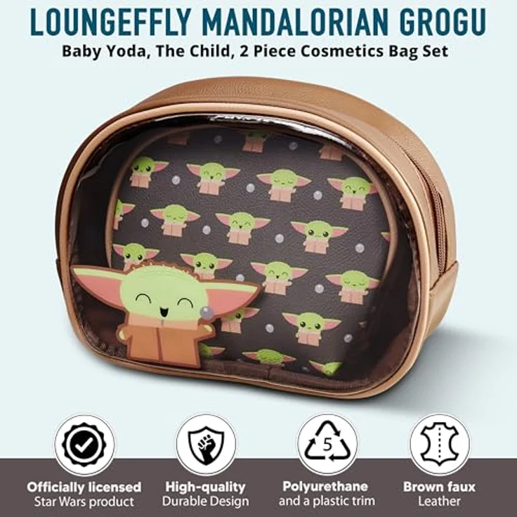 Loungefly Mandalorian Baby Yoda Grogu The Child, 2-teiliges Kosmetiktaschen-Set mit transparentem Kosmetikkoffer und Yoda-Design, offiziell lizenziert, Polyurethan und Kunststoff – Bild 4