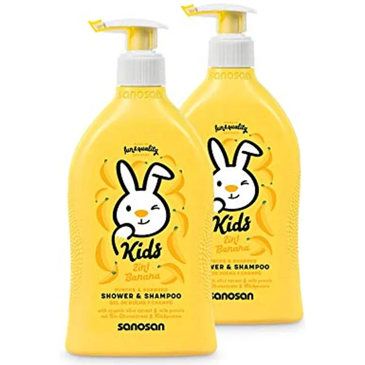 sanosan 2in1 Dusche & Shampoo Banane für Kinder - Duschgel & Haarshampoo mit Bio Olivenextrakt & Milchprotein im 2er Pack (2x 400 ml) - Haarpflege, Hautpflege, Shower Gel, Haar Shampoo