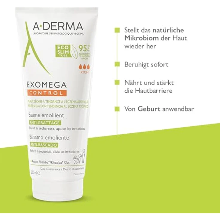 A-Derma Exomega Control Rich Emollient Balm Beruhigender und nährender Balsam für trockene, zu Atopie neigende Haut 200 ml  – Bild 3