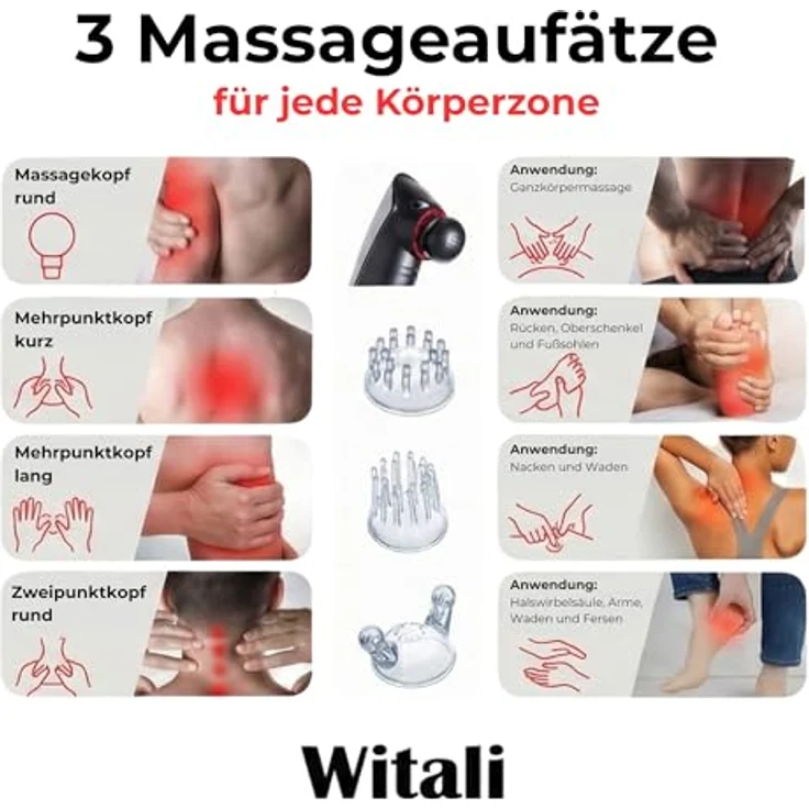 smartEC Witali elektrisches Handmassagegerät, inkl. 3 Wechselmassageaufsätzen, ergonomisch und kabelgebunden, 15 W Leistung – Bild 3