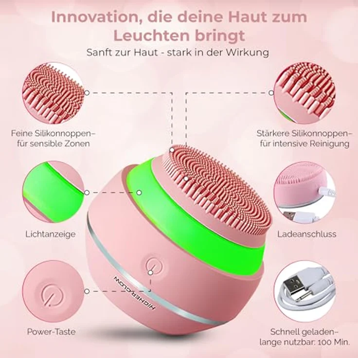 Higher Glow Produkte Higher Glow Produkte Silikon-Gesichtsreinigungsbürste 3D-Vibration Lichttherapie Anti-Aging USB-Aufladung Wasserdicht Gesichtsreinigung – Bild 3