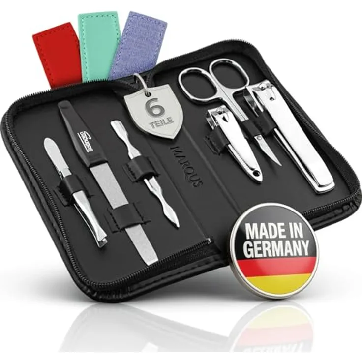 marQus Maniküre Set Solingen, 6-teiliges Nagelset aus glanzvernickeltem Stahl im handlichen Kunst-Leder Etui für Damen und Herren
