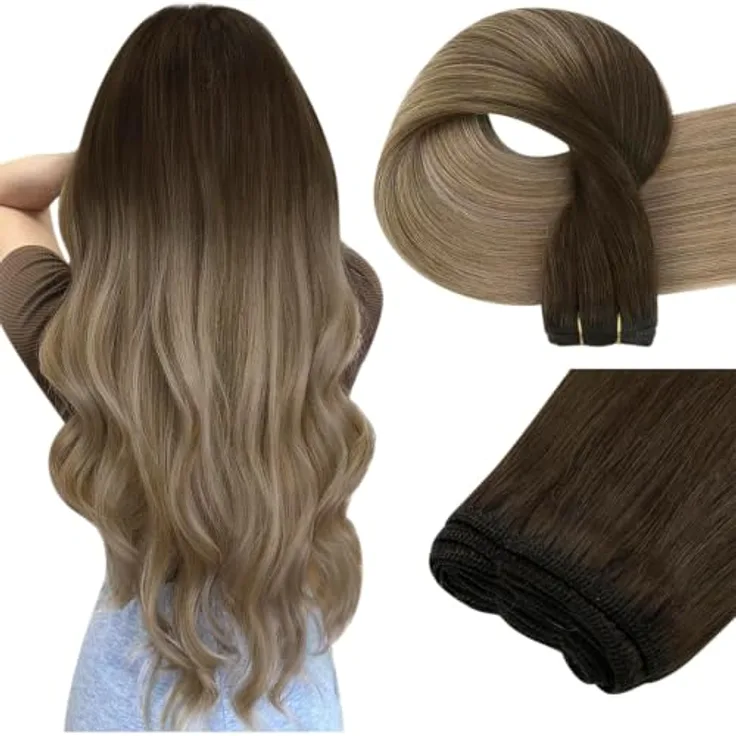 Easyouth Tressen Echthaar 40 cm, Dunkelste Braune Mischung Mittelbraun und Aschblond, 100g zum Einnähen