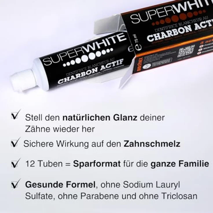 SUPERWHITE Aktivkohle Zahnpasta Black Edition, Aufhellend & Frisch mit Pfefferminz-Geschmack, fluoridiert, 75ml – Bild 2