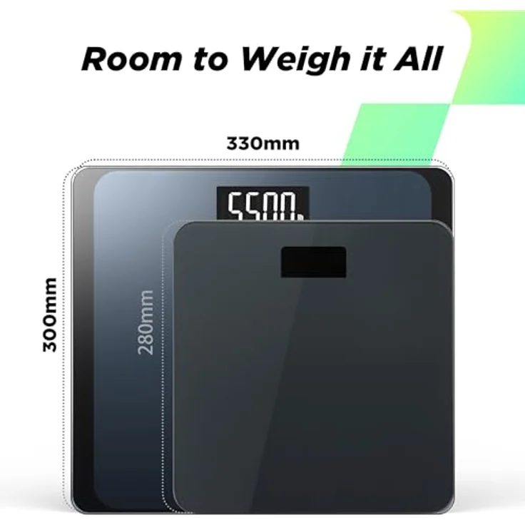 RunSTAR Digitale Personenwaage, hochpräzise Sensoren, Tragkraft bis 250 kg, 8 mm Sicherheitsglas, extragroße Trittfläche, großes LCD-Display, Step-on-Technologie, blau-schwarz – Bild 4