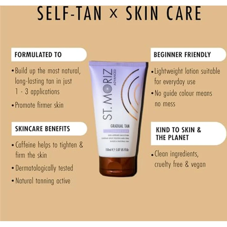 St. Moriz Advanced – Hautstraffende Selbstbräuner-Lotion mit natürlichem Glow, 150ml, vegan und dermatologisch getestet – Bild 2