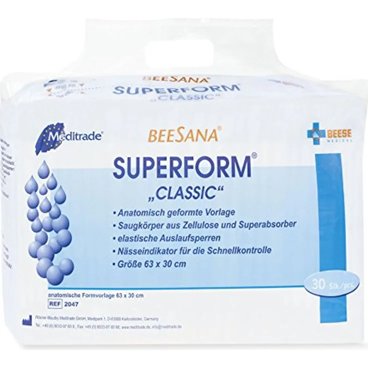 Meditrade Beesana Superform Classic, 1er Pack (1 x 30 Stück), Blau, Inkontinenzartikel für jeden Grad der Blasenschwäche, Auslaufbarriere und hohe Saugleistung von ca. 1200 ml