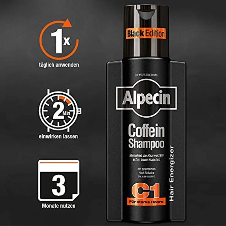 Alpecin Coffein-Shampoo C1 Black Edition, 2 x 375 ml, natürliche Haarpflege für Männer, aktiviert Haarwurzeln, mit Zink und Niacin, Made in Germany – Bild 4