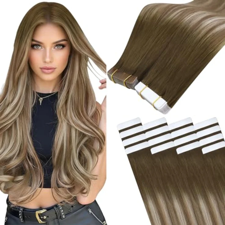 Easyouth Haarverlängerung, Echthaar Balayage in Hellbraun mit Blond, 35 cm, 40 g, 20 Stück, Remy-Echthaar, glatt, klebend – Bild 1