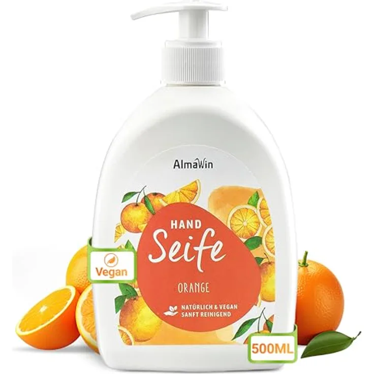 AlmaWin® Handseife flüssig mit Orangen-Duft [500ml] - Vegane Flüssigseife für sanfte Hand- und Körperpflege - Praktischer Spender - Hautmild und natürlich