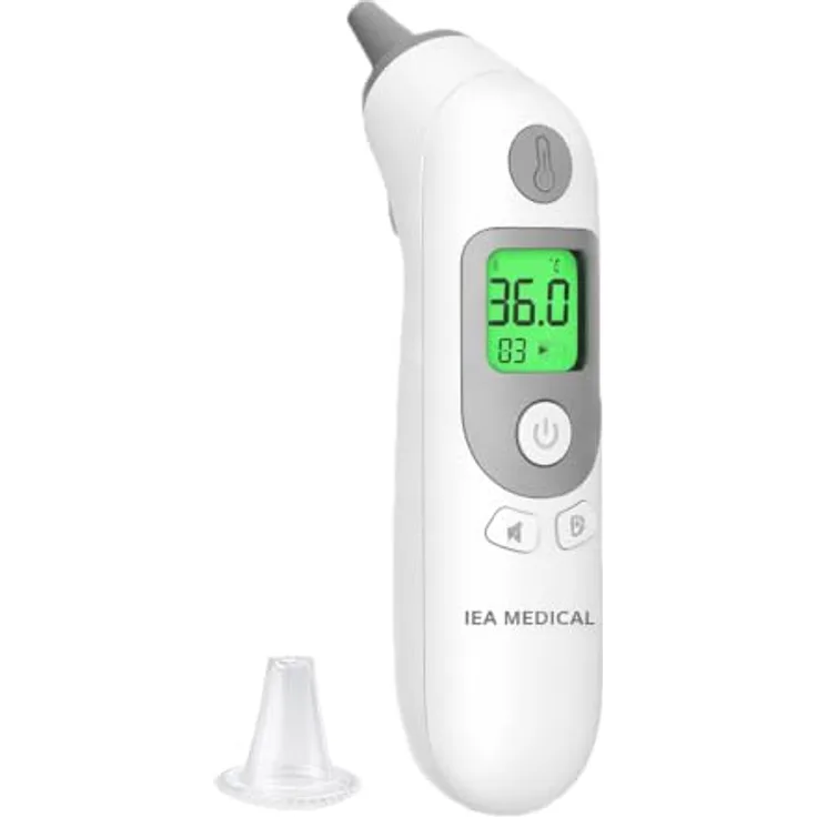 IEA Medical Ohrthermometer für Babys, Kinder & Erwachsene, Hygienisch mit 20 Ersatzkappen, Fieberalarm und 40 Speicherplätzen