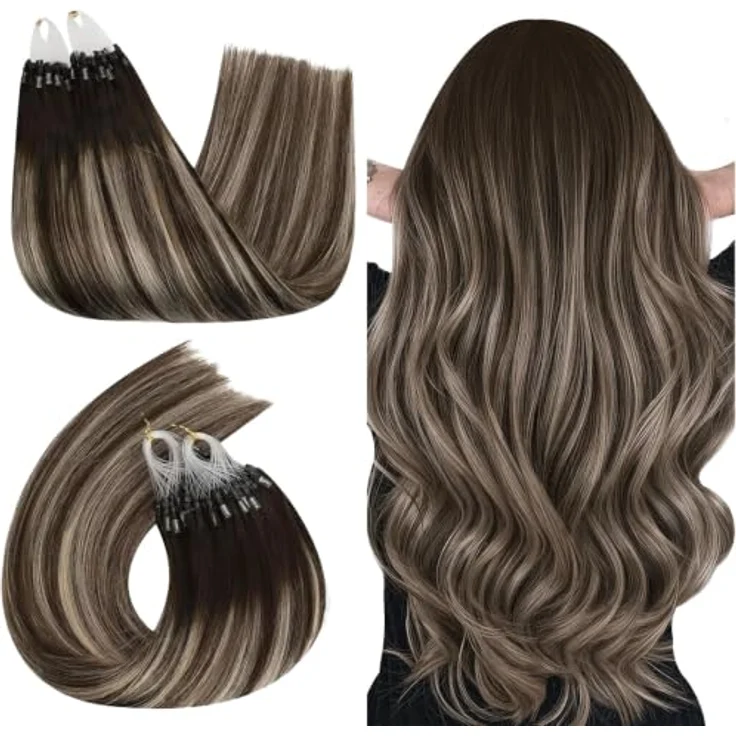 Ugeat Microring Echthaar Extensions, Braun Aschblond, 55 cm, 50 Strähnen, Hitzefrei, Remy-Echthaar – Bild 1