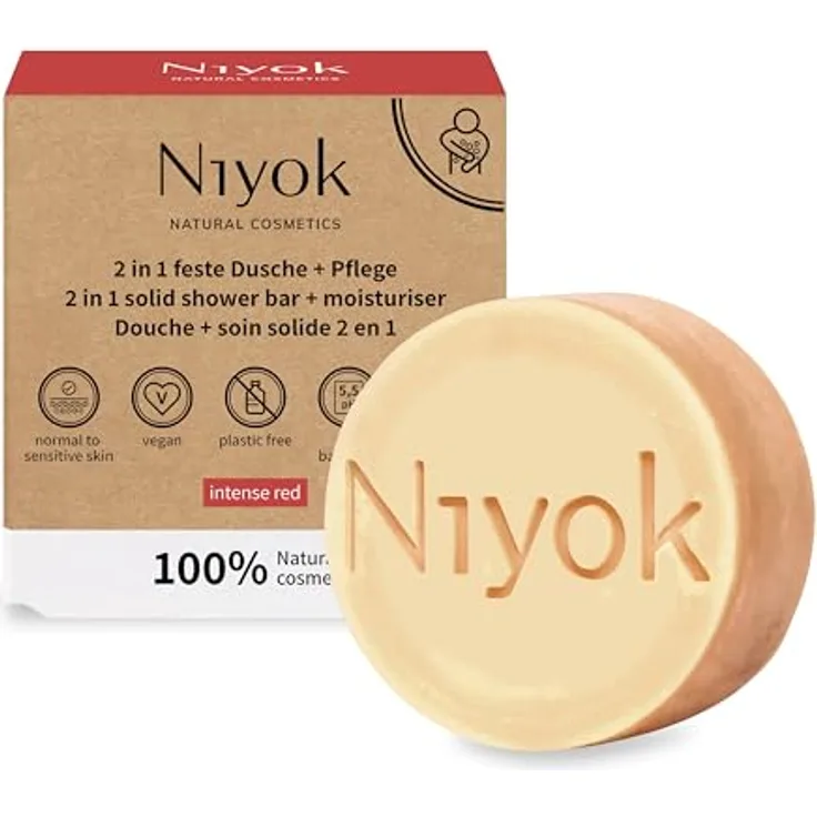 Niyok® 2-in-1 Feste Dusche + Pflege "Intense Red" (80g) • Naturkosmetik Duschseife • Festes Duschgel für alle Hauttypen • Vegane Seife für Körper & Hände • Plastikfrei & Vegan