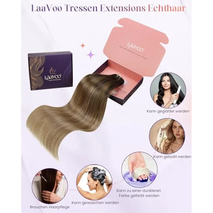 LaaVoo Haartressen Braun Echthaar zum Einnähen, Balayage Ombre Extensions, 80g #2/6/18, 35cm Remy glatt – Bild 5
