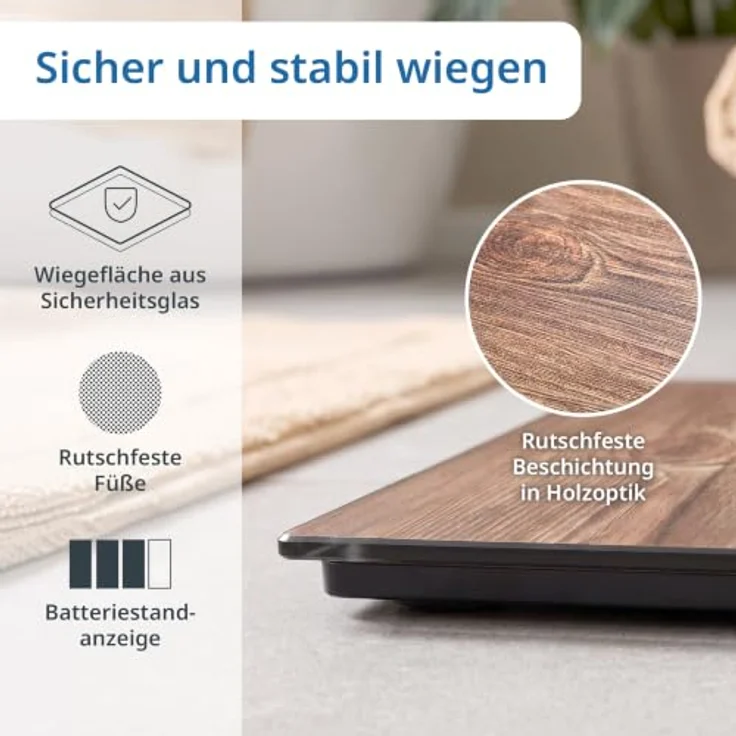 ADE Digitale Körperwaage BE2004 Holly, Holzoptik mit großem Display, rutschhemmender Sicherheitsglas-Wiegefläche, genaue Gewichtsangaben bis 180 kg – Bild 4