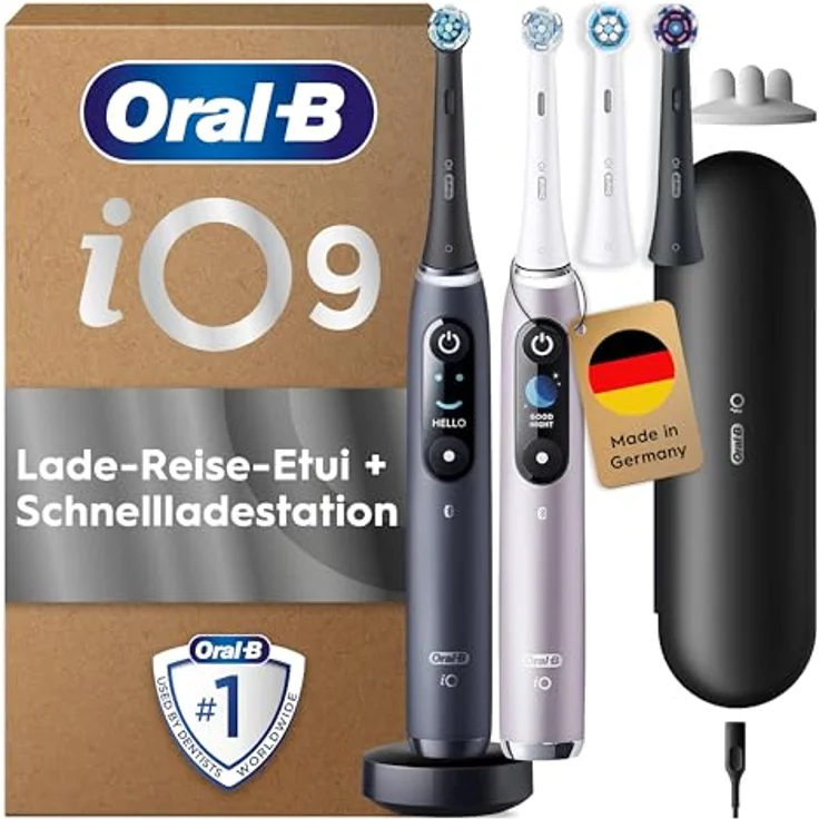 Oral-B iO Series 9 Plus Edition Doppelpack Elektrische Zahnbürste mit 7 Putzmodi, 4 Aufsteckbürsten, Lade-Reiseetui, designed by Braun, black onyx/rose quartz – Bild 1