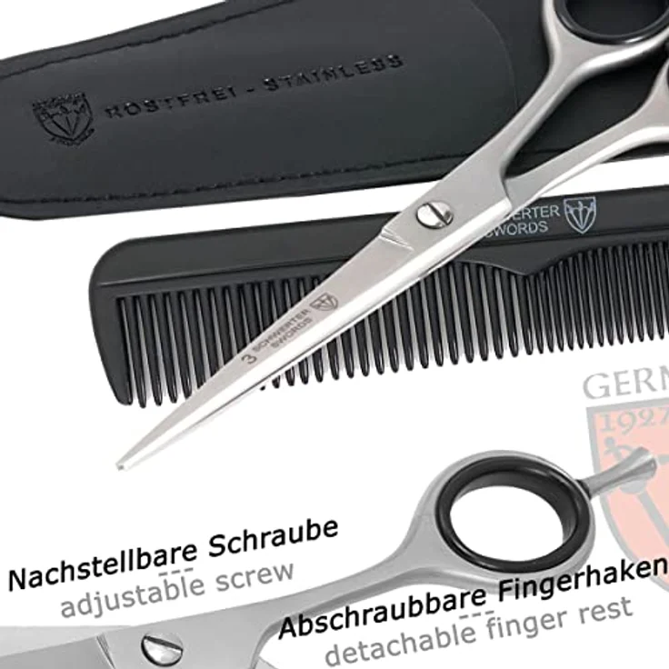 DREI SCHWERTER - Haarschere 6 Zoll, rostfrei mit einseitig mikroverzahnten Klingen, im schwarzen Kunstleder-Etui mit Kamm und Mikrofasertuch – Bild 5