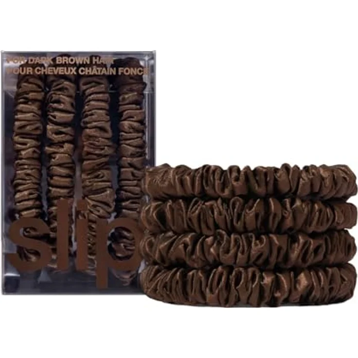 Slip Silk Skinny Scrunchies - vierteiliges Zopfgummi Set aus Seide - haarschonende Haargummis gegen Haarbruch - aus 100% Maulbeerseide - 1 x 4 Stück - Dunkelbraun – Bild 2