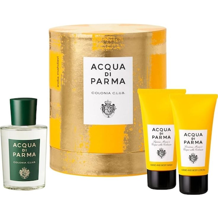 Acqua di Parma Colonia Club Geschenkset, Unisex, 100 ml Eau de Cologne, 75 ml Hand- und Body Wash, 75 ml Hand- und Body Lotion, goldene Tartanmuster Design von India Mahdavi