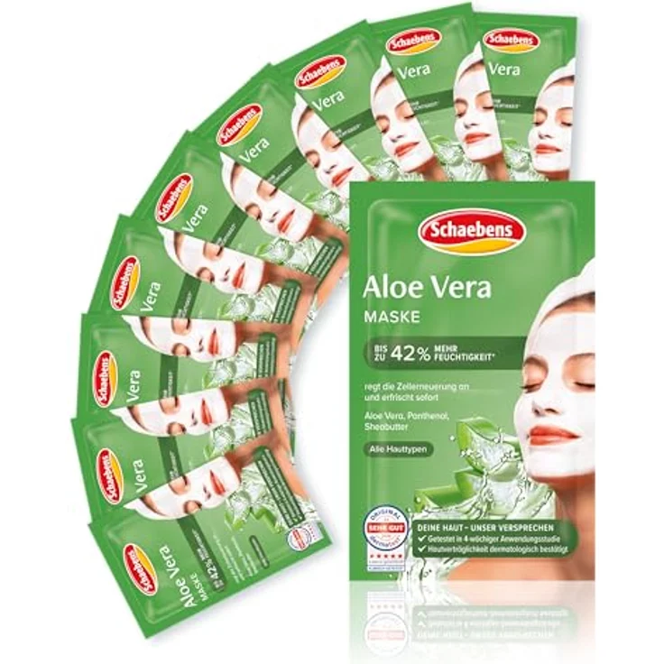 Schaebens Aloe Vera Maske, 10er Pack (10x 10 ml), erhöht Hautfeuchtigkeit, dermatologisch sehr gut verträglich, 0% Mikroplastik, klimaneutral und plastikneutral – Bild 1