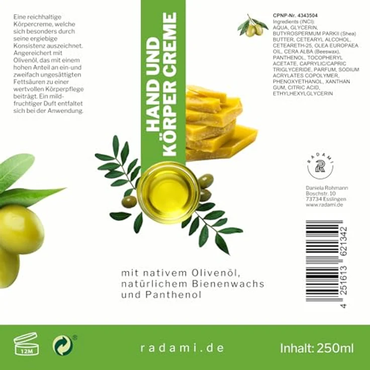 Handcreme Körpercreme Bodylotion mit Olivenöl, Bienenwachs und Panthenol 250 ml – Bild 2
