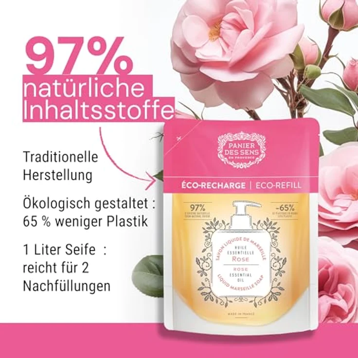 Panier des Sens Marseiller Flüssige Handseife Nachfüller Rosenseife, 97% natürliche Inhaltsstoffe, feuchtigkeitsspendend mit Kokosnussöl, 2x500 ml – Bild 5
