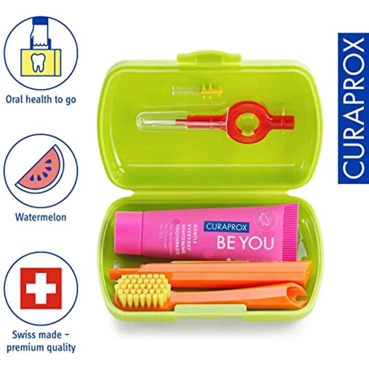 Curaprox Travel Set, Kosmetik-Reiseset für Zähne, Zunge und Zahnfleisch, 10 ml Zahnpasta, grün – Bild 2