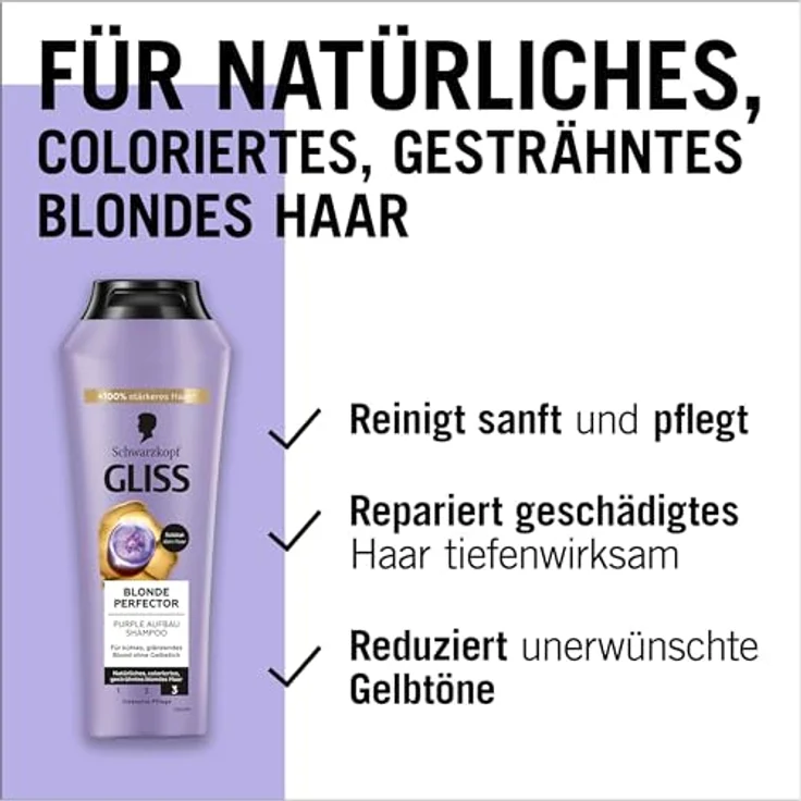 Gliss Blonde Perfector Purple Shampoo (250 ml), Anti-Gelbstich-Shampoo mit Peptiden & Blaubeer-Extrakt für blondes Haar – Bild 3