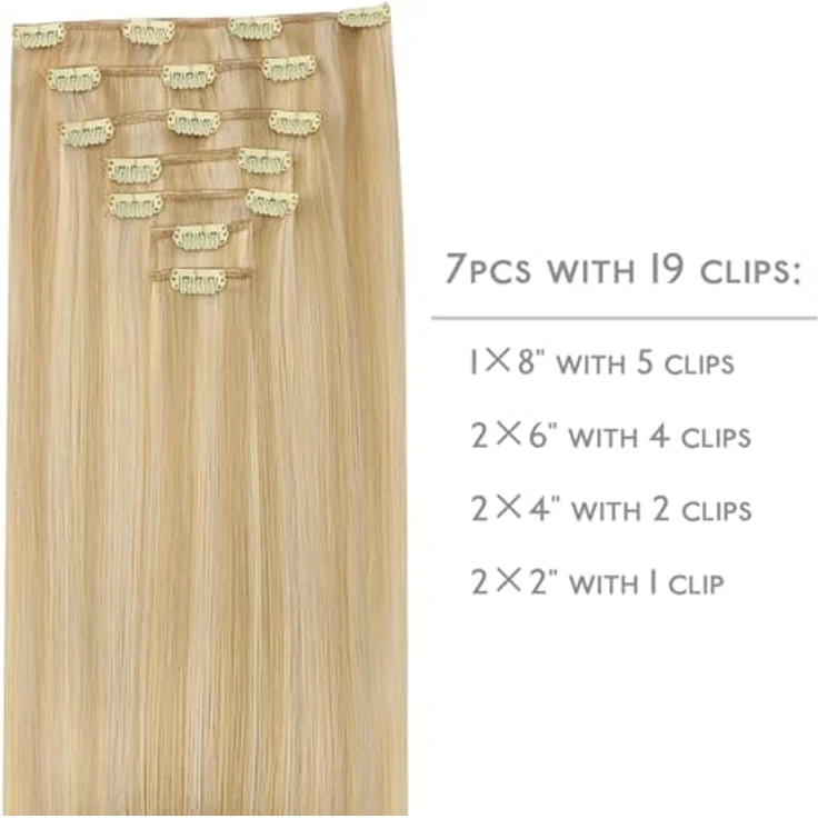 WENNALIFE Clip in Extensions Echthaar 55cm 120g 7pcs Hellblond Highlights Goldblond Remy Haarverlängerung mit diskreten Clips – Bild 2