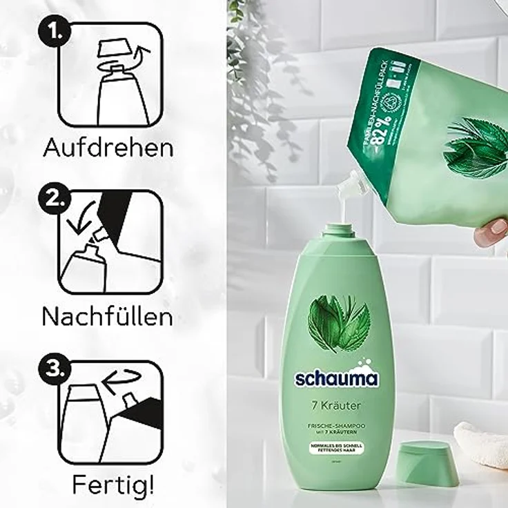 Schauma Shampoo 7 Kräuter Nachfüllpack (800 ml), Haarshampoo verleiht der Haarstruktur eine leichte Frische, Frische-Shampoo für normales bis schnell fettendes Haar – Bild 3