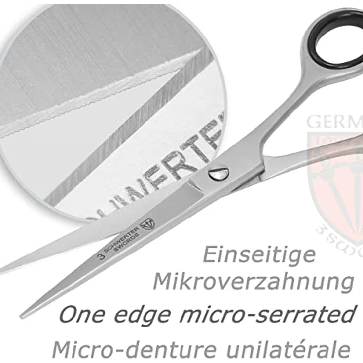 DREI SCHWERTER - Haarschere 6 Zoll, rostfrei mit einseitig mikroverzahnten Klingen, im schwarzen Kunstleder-Etui mit Kamm und Mikrofasertuch – Bild 2