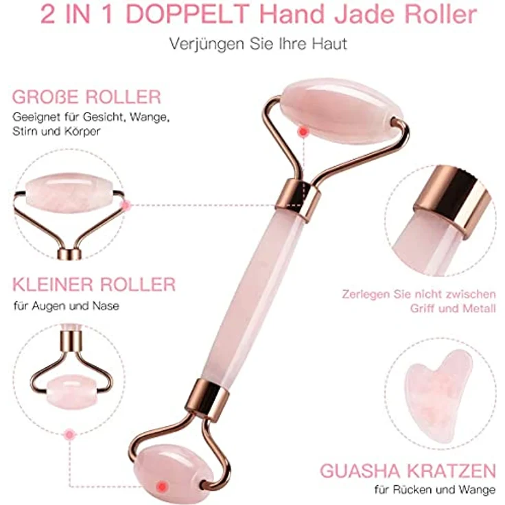 cofi1453 Massageroller & Gua Sha Set, 3-teiliges Beauty-Set aus Rosenquarz, gegen Falten & Schwellungen, fördert Durchblutung, unterstützt Lymphdrainage – Bild 2