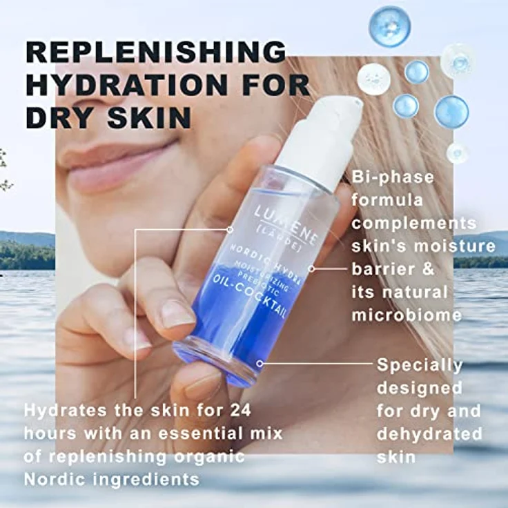 Lumene Nordic Hydra [LÄHDE] Moisturizing Prebiotic Oil-Cocktail, 30 ml Gesichtsserum für dehydrierte trockene Haut, regenerierend und feuchtigkeitsspendend – Bild 4