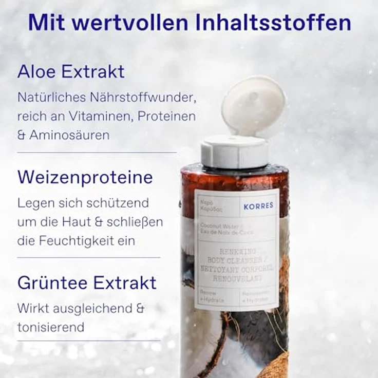 KORRES COCONUT WATER Revitalisierendes Duschgel, 250 ml mit Aloe-Extrakt und Weizenproteinen, cremiger Kokosduft – Bild 3