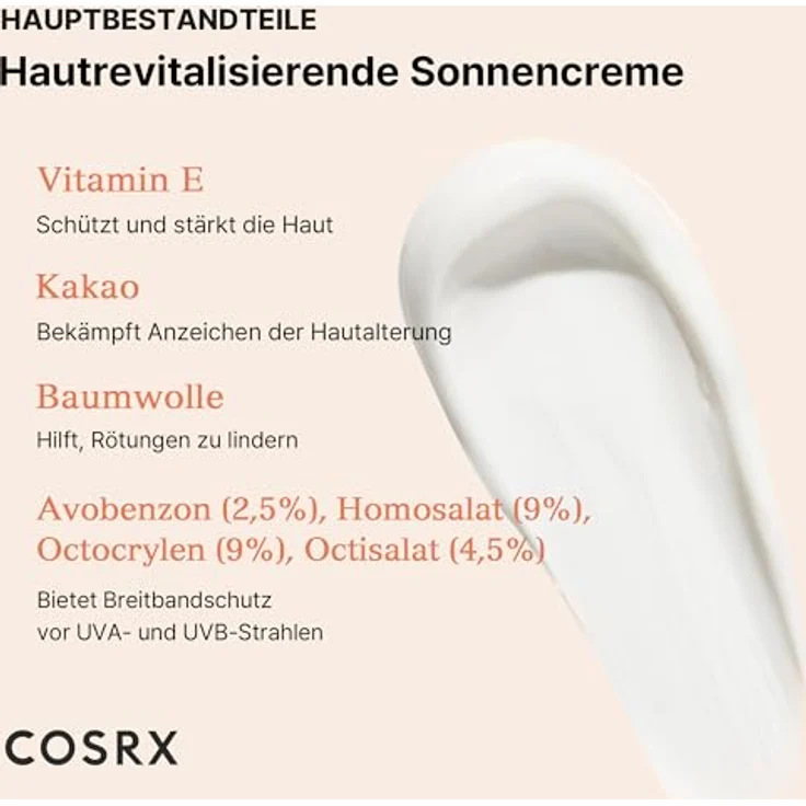 COSRX Sonnenschutz SPF 50 mit Vitamin E, UVA/UVB-Schutz, leichte Textur, halb-mattes Finish, talgregulierend, 50ml – Bild 3