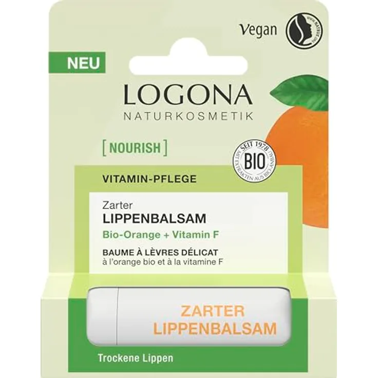 LOGONA Naturkosmetik NOURISH Lippenbalsam Bio-Orange, 4,6 g – Schützt & Pflegt mit Vitamin F – Vegan & Natürliche Inhaltsstoffe für Trockene Lippen