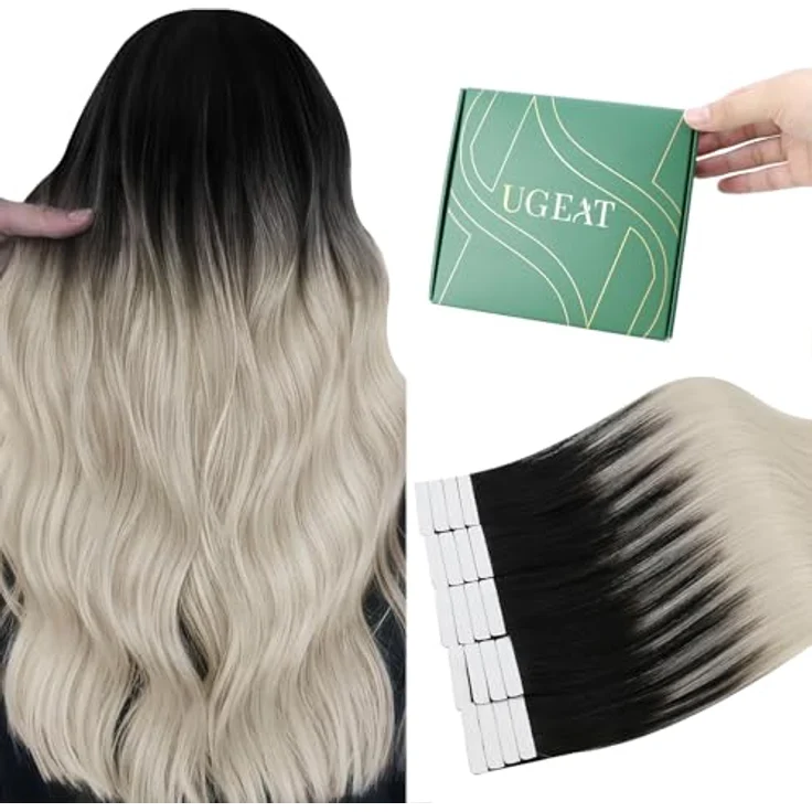 Ugeat Tape in Extensions Echthaar, Ombre Schwarz #1B/60A, 55 cm, 50 g, 20 Stück, Remy-Echthaar, wiederverwendbar – Bild 1