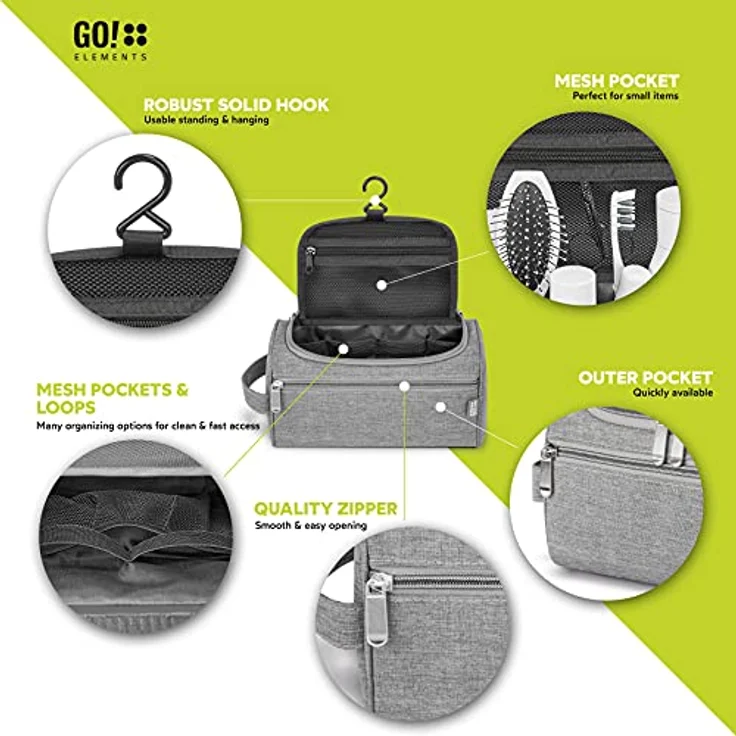 GO!elements® Smart Kulturbeutel Männer Kulturtasche zum Aufhängen Herren & Damen - Kosmetiktasche Männer Frauen für Koffer & Handgepäck - Waschtasche Reise-Tasche, Farbe:Grau – Bild 4