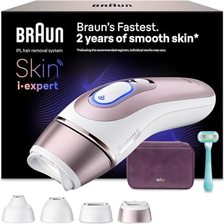 Braun Smart IPL Haarentfernung Skin i·expert 7, Professionelle Dauerhafte Laser-Haarentfernung, Designed in Germany, inkl. Etui, Venus Rasierer, 4 Aufsätze, PL7431, Weiß/Rosegold
