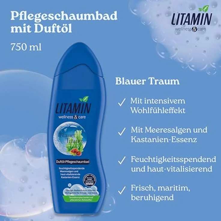 Litamin Schaumbad Blauer Traum 750ml – feuchtigkeitsspendender Badeschaum mit Meeresalgen & Kastanien-Essenz für entspannende Wellness-Momente – Bild 2