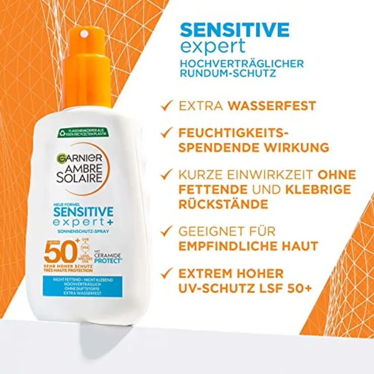 Garnier Sonnenschutz-Spray mit LSF 50+, Wasserfestes und rückstandsloses Spray für empfindliche Haut, Ambre Solaire Sensitive expert+, 1 x 150 ml – Bild 2
