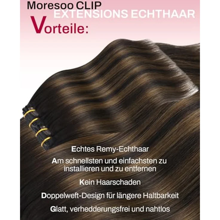 Moresoo Clip in Extensions Balayage, Echthaar Ombre Dunkelbraun mit Mittelbraun, 7 Tressen, 120g, 45cm – Bild 2