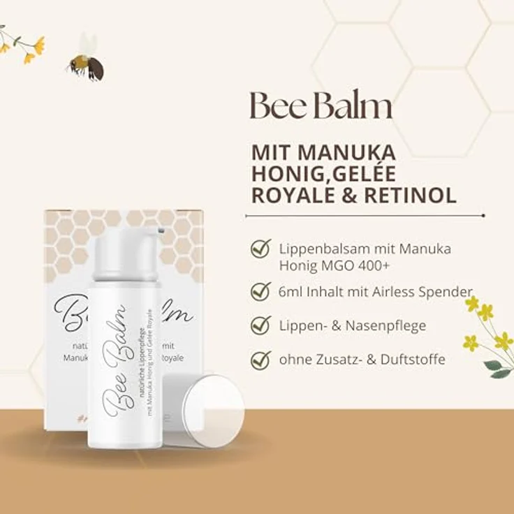 bedrop BeeBalm Lippenpflege, Lippenbalsam im Pump-Spender mit Manuka Honig, Gelée Royale und Retinol - feuchtigkeitsspendend, Anti-Aging, 100% natürlich, 3x 6ml Sparset – Bild 2