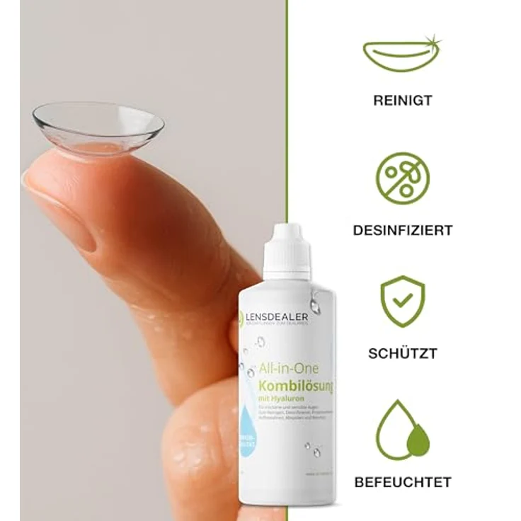 Lensdealer Kontaktlinsen Pflegemittel mit Hyaluron All-in-One Kombilösung 1x 360ml Kontaktlinsenflüssigkeit + 1x Linsenbehälter – Bild 6