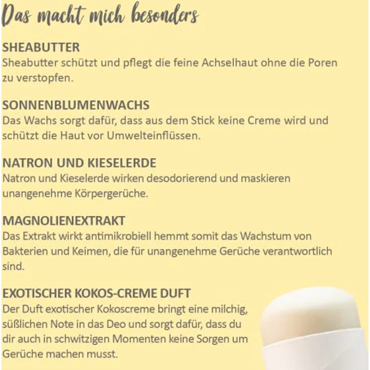 puremetics Deo-Stick Coconut-Cream, 50 ml, veganer Körperpflege-Deodorant mit exotischem Kokosduft, ohne Aluminium – Bild 6